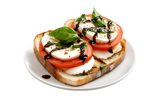 Delicious Caprese Bruschetta Toasted Bread Tomatoes Mozzarella Basil Balsamic Glaze, png