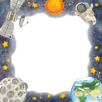 Astronaut, planet Earth, moon, sun and stars fly in outer space, square frame, hand drawn watercolor illustration. Drawing for cards, photo frames, invitations, scrapbooking png