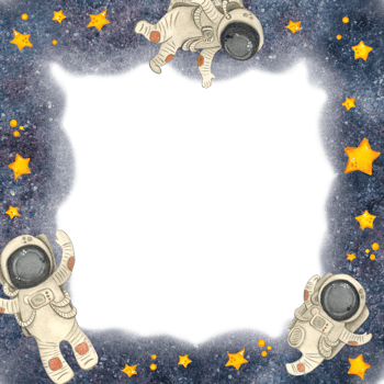Astronauts and stars fly in outer space, square frame, hand drawn watercolor illustration. Drawing for cards, photo frames, invitations, scrapbooking png