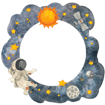 Large frame with an astronaut, space satellites, stars on a background of outer space. Watercolor illustration hand drawn. Drawing for cards, photo frames, invitations, scrapbooking png