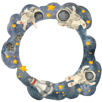 Large frame with astronauts, stars and meteorites on a background of outer space. Hand drawn watercolor illustration. Drawing for cards, photo frames, invitations, scrapbooking png
