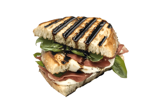 Delicious Grilled Sandwich Prosciutto Mozzarella Basil Balsamic, png