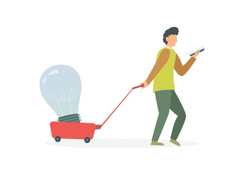 Person pulling cart with light bulb vector
