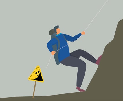 Climber on steep rock with warning sign vector