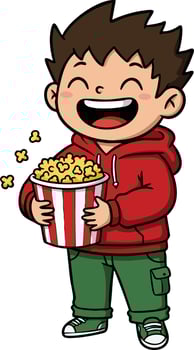 Happy boy in red hoodie holding popcorn bucket smiling cheerful kid eating snack illustration vector