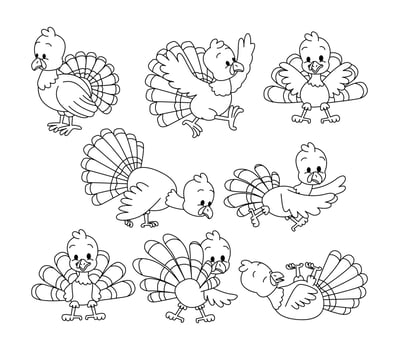 Set of turkey doodle collection, turkey outline coloring page or book animals for kindergarten, line art set of animals wildlife, Hand drawn, Minimal turkey line art doodle in different pose. vector