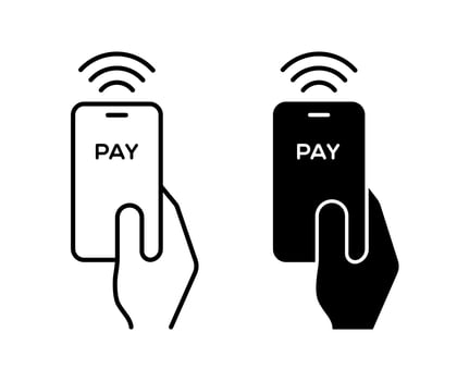 Contactless wireless pay sign. NFC technology icon. Hand holding a Phone, Smartphone, wave simple line outline sign. NFC payment icon set. vector