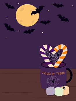 Candy Canes shape Heart with Spiders on Web in Halloween Mug near Marshmallow on Bats and moon Fond. Isolated illustration Halloween Greetings Themes Cards Template leaflets, tag, party invite vector