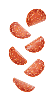 Pepperoni slices falling down . Pepperoni pieces flying isolated. Pepperonis suspended in air for culinary concepts and pizza condiment . Meaty pepperoni full of protein png