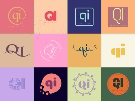 QI logo company template. Letter q and i logotype. Set different classic serif lettering and modern bold text with design elements. Initial font typography. vector