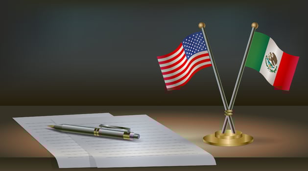 USA and Mexico flags on table in office. International relations on a dark gradient color background vector