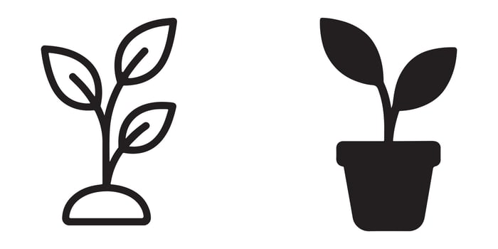 Simple Black and White Plant Sprout Icons Growing Seedling in Pot and Ground, Representing New Life and Growth vector