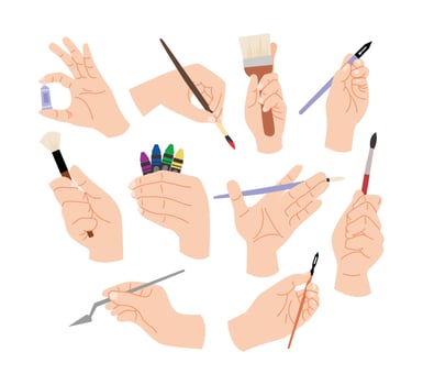 Hands holding various art supplies vector