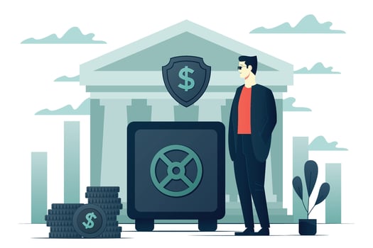 Man with safe and bank building background vector