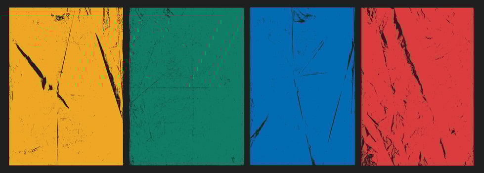 Colored vintage overlay textures with folded paper look, distressed scratches, dusty grunge marks, torn edges, and punk style creases. textures damaged film frames, retro effects, or raw design vector