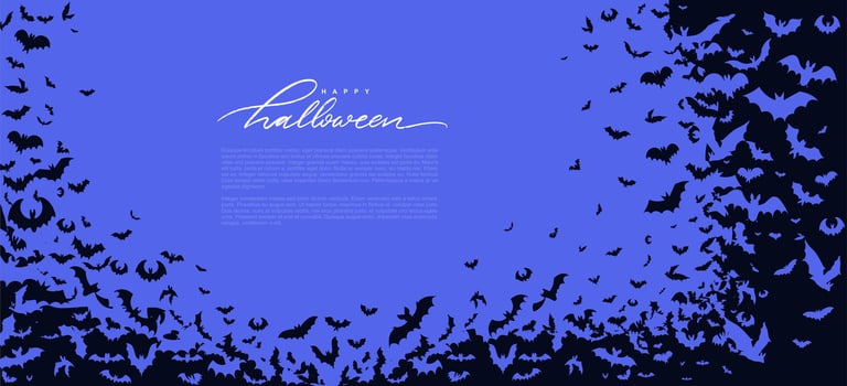 Halloween banner, horizontal holidays poster with black bats on the purple background. Halloween background with swarm of bats on dark blue sky. Illustration with a place for text. vector