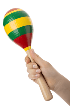 Hand holding colorful wooden maraca with traditional patterns, latin music instrument isolated png
