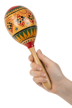 Hand with colorful wooden maraca with ethnic patterns, latin music instrument isolated on transparent background png