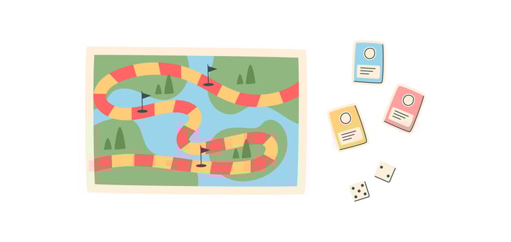 Flat path board game with colorful map. Interactive snake route with dice and cards for fun play. Perfect for table entertainment and family leisure, playful vibrant graphic style, ideal hobby vector