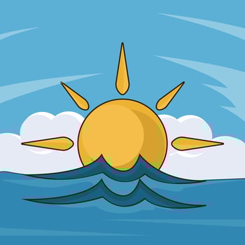 Ocean Sunrise landscaped illustration graphic design . Morning Sea Water Waves Cloudy Sky Dawn Scene for holiday or recreation concept with cartoon style vector