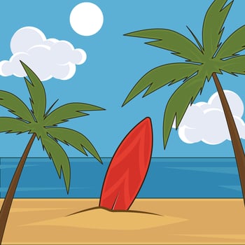 Surfboard and Palms landscaped illustration graphic design . Tropical Beach Summer Holiday Ocean Scene Sandy Shore for holiday concept with cartoon style vector