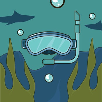 Diving Mask landscaped illustration graphic design . Snorkeling Gear Underwater Scene Ocean Exploration Scuba Diving for holiday or recreation concept with cartoon style vector