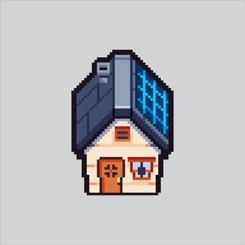 Pixel art house with solar panels vector