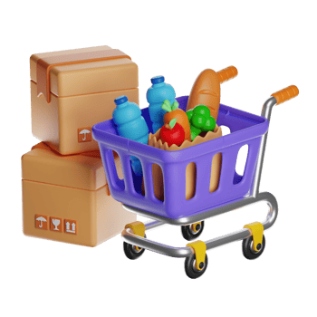 Shopping cart with groceries and boxes png