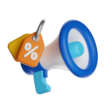 3d megaphone announcing big discount with percentage symbol on transparent background png