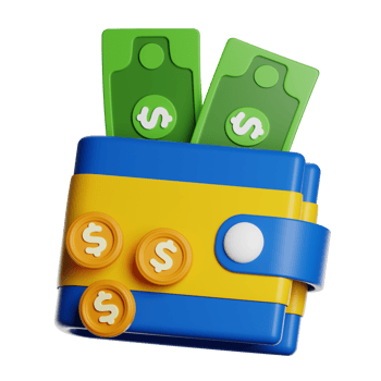 Colorful wallet with money and coins png