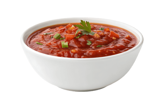 Red salsa with chopped tomatoes and green herbs in a white bowl image png