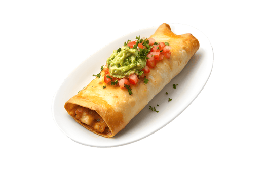Delicious Burrito topped with Guacamole and Pico de Gallo png
