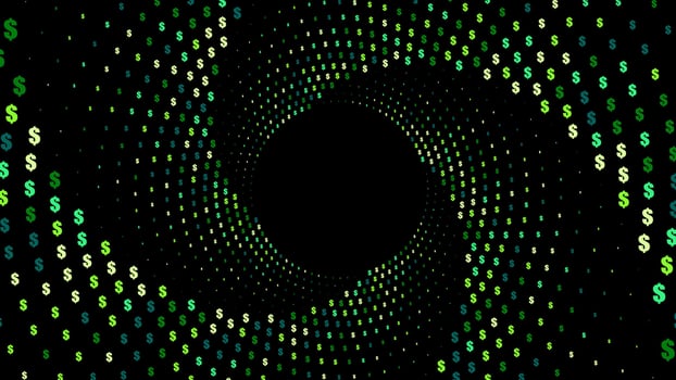 A dark background with a swirling vortex of green dollar signs of varying shades, radiating outwards from a central dark circular area. vector