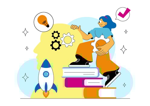 Girl climbing books with creative tools vector