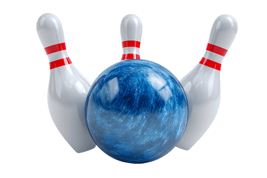 Bowling equipment set with blue ball and three pins on transparent background png