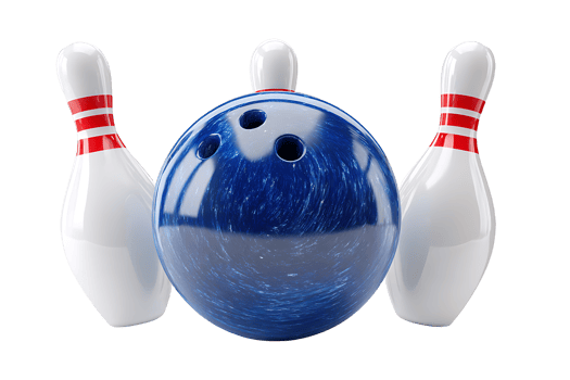 Blue bowling ball and three pins isolated on transparent background png