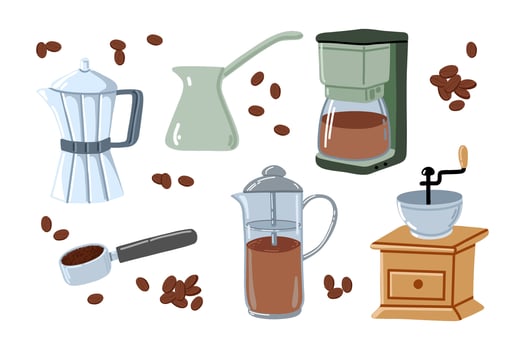 Various coffee brewing tools and accessories vector
