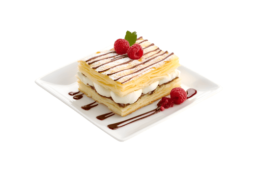 Delicious Pastry Dessert with Raspberries Chocolate Drizzle and Powdered Sugar, png
