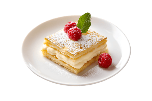 Delicious Mille feuille Pastry with Raspberries and Powdered Sugar on White Plate png