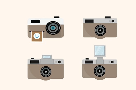Collection of four vintage style cameras with different features vector