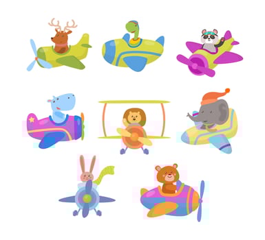 Cartoon animals in colorful airplanes vector