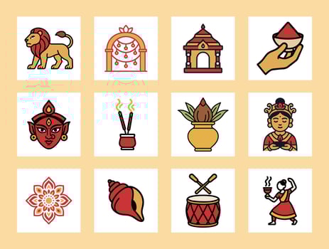 Durga Puja Festival Hinduism Hindu Religion India Icon Illustrations Bundle vector