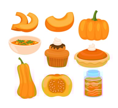 Variety of pumpkin products and dishes vector