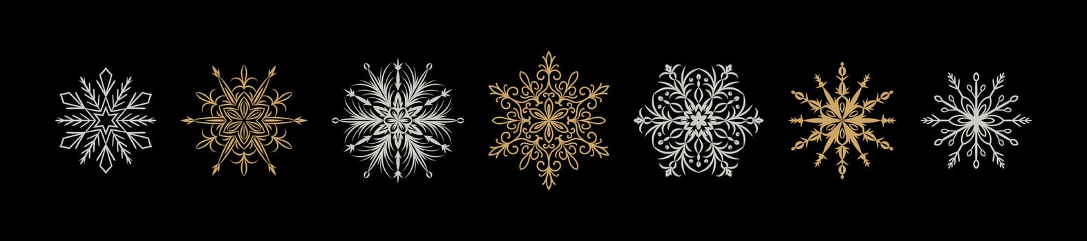 Winter snow flake fancy border on black background. Merry Christmas and Happy New Year greeting card, invitation, banner design. Gold and silver snowflakes. elements ornament vector