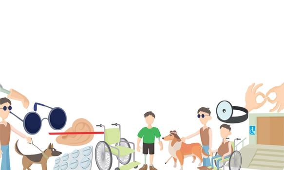 People using assistive devices showing disability and inclusivity vector