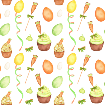 Yellow, green, orange watercolor eggs, cupcakes, meringues, streamer ribbons and carrot cookies in seamless pattern. Happy Easter clipart. Hand-drawn illustration for wrapping paper, tablecloth png