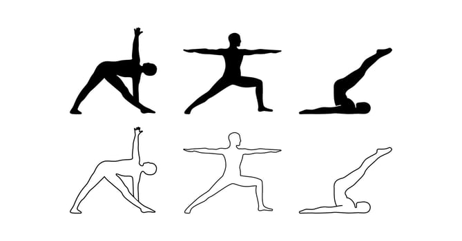 Set of three yoga silhouettes featuring Triangle Pose, Warrior II, and Shoulder Stand in solid and outline styles. Ideal for logos, prints, wellness branding, and spiritual design vector