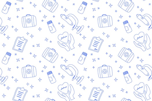 Seamless medical pattern with microscope, test tubes, and first aid kits vector