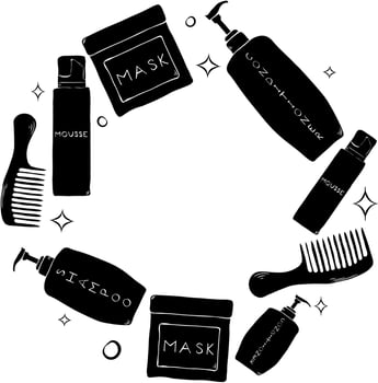 Cosmetics Hair treatment circle round frame. graphic line ink template illustration. Place for your text, logo shampoo, mask, comb, mousse. Design for package, cosmetic, textile, cards. vector