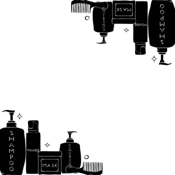 Salon composition Hair treatment square frame. graphic line ink template illustration. Place for your text, logo. Hand drawn fashion elements for package, cosmetic, textile, cards. vector